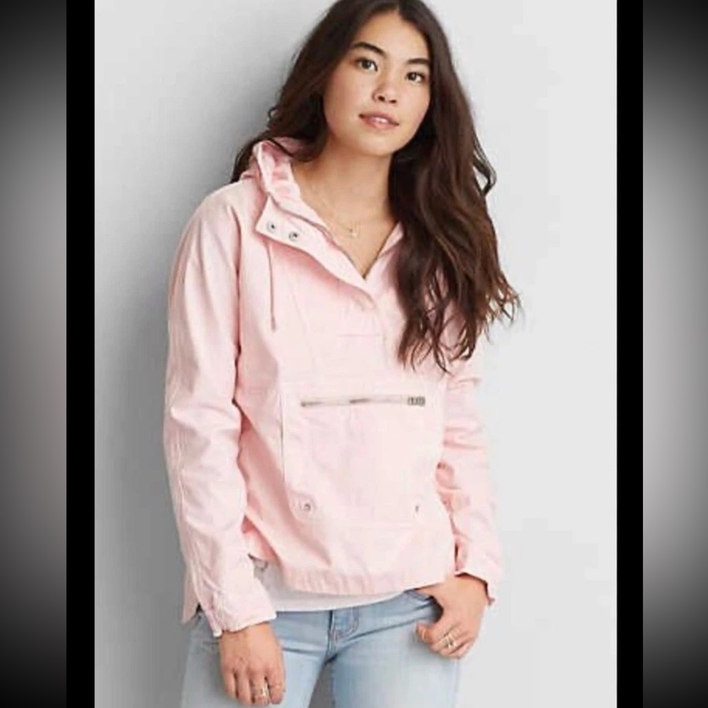 American Eagle Anorak Pink Canvas Pullover Hooded Jacket